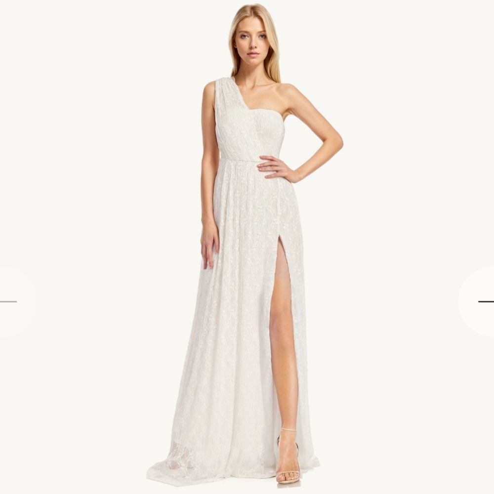 Jewel Badgley Mischka One-Shoulder Pleated Mesh Lace Gown with Front Slit sz 6